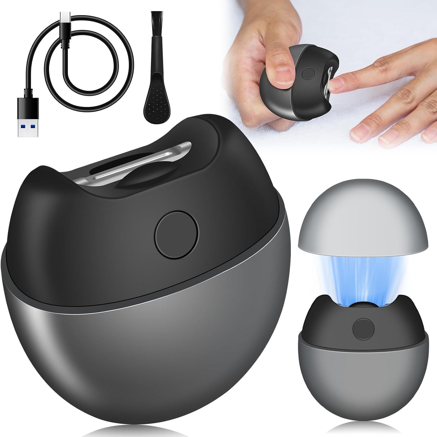 Yoiilifee electric automatic nail clipper front view showing the grey and black ergonomic body and rotary trimmer opening.