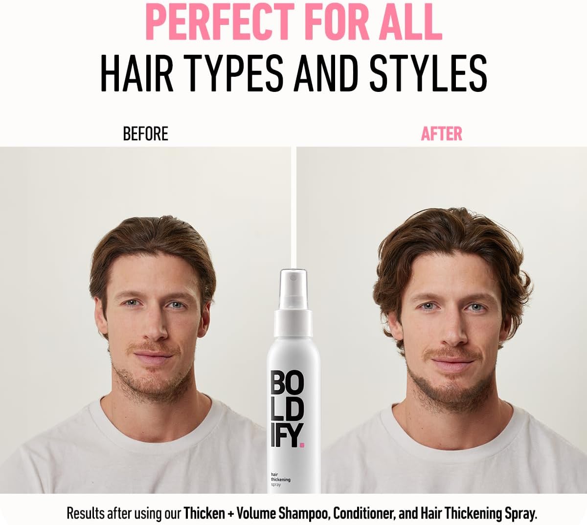 Side profile view of Boldify hair thickening spray bottle
