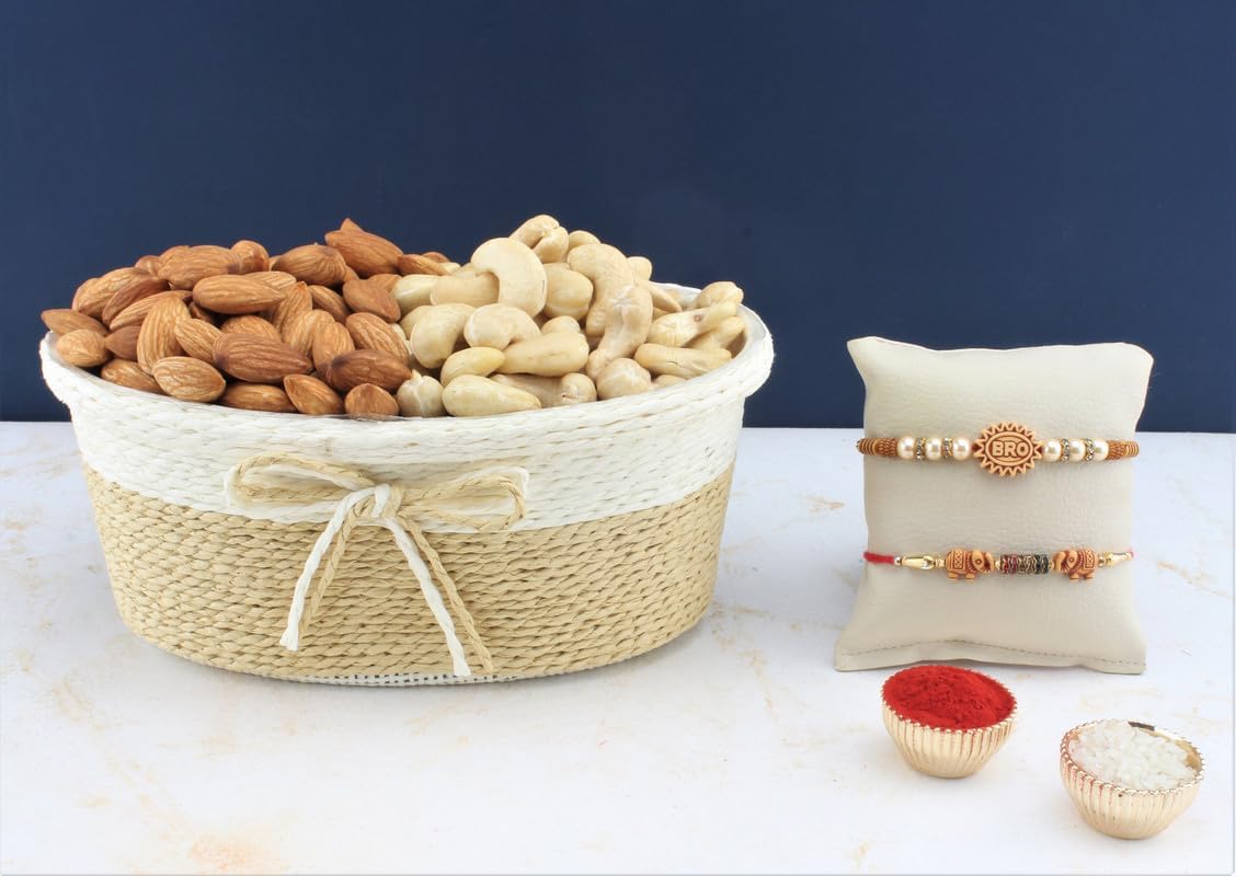 SFU E Com set of 2 rakhi with dry fruit hamper front view festive gift