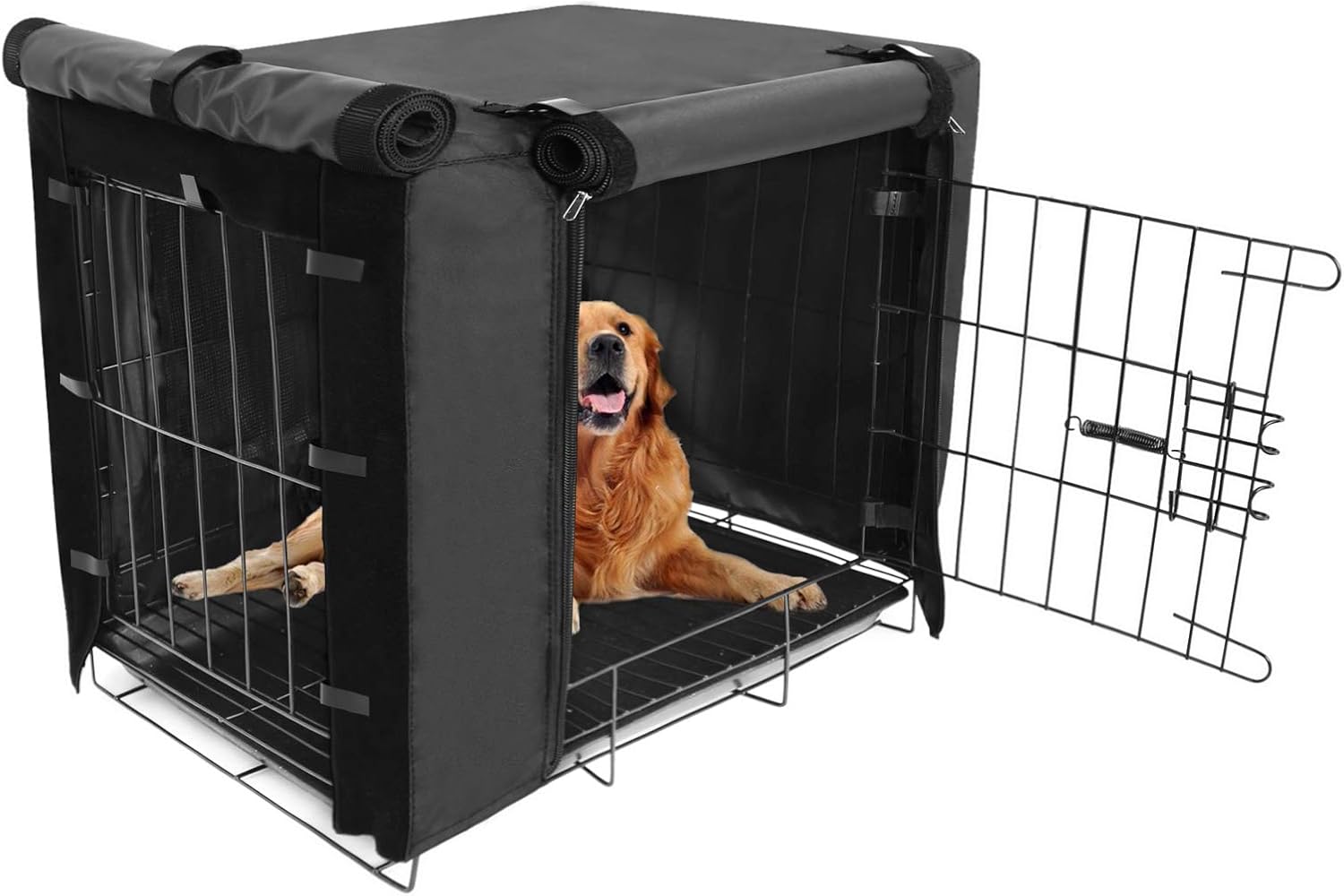 Femuar durable dog crate cover front view showing double door zipper opening on wire cage.