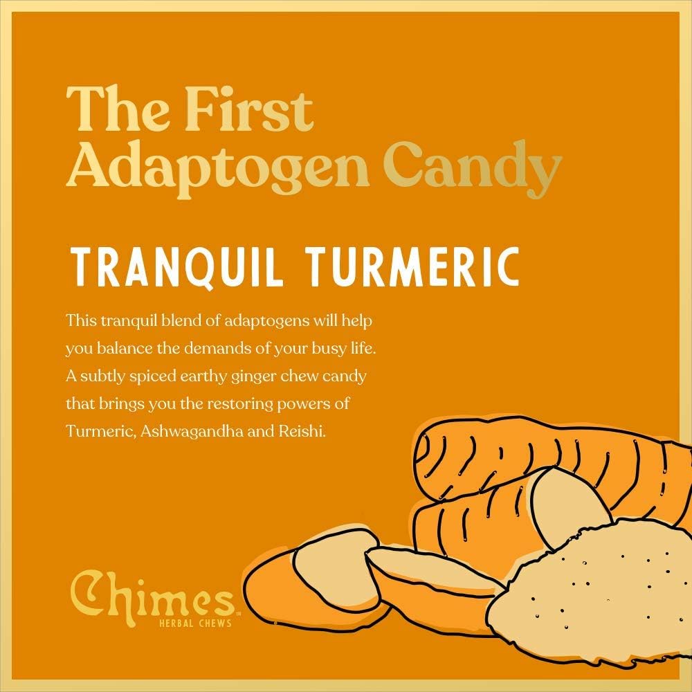 Texture and close up view of a Chimes tranquil turmeric adaptogen ginger chew candy.