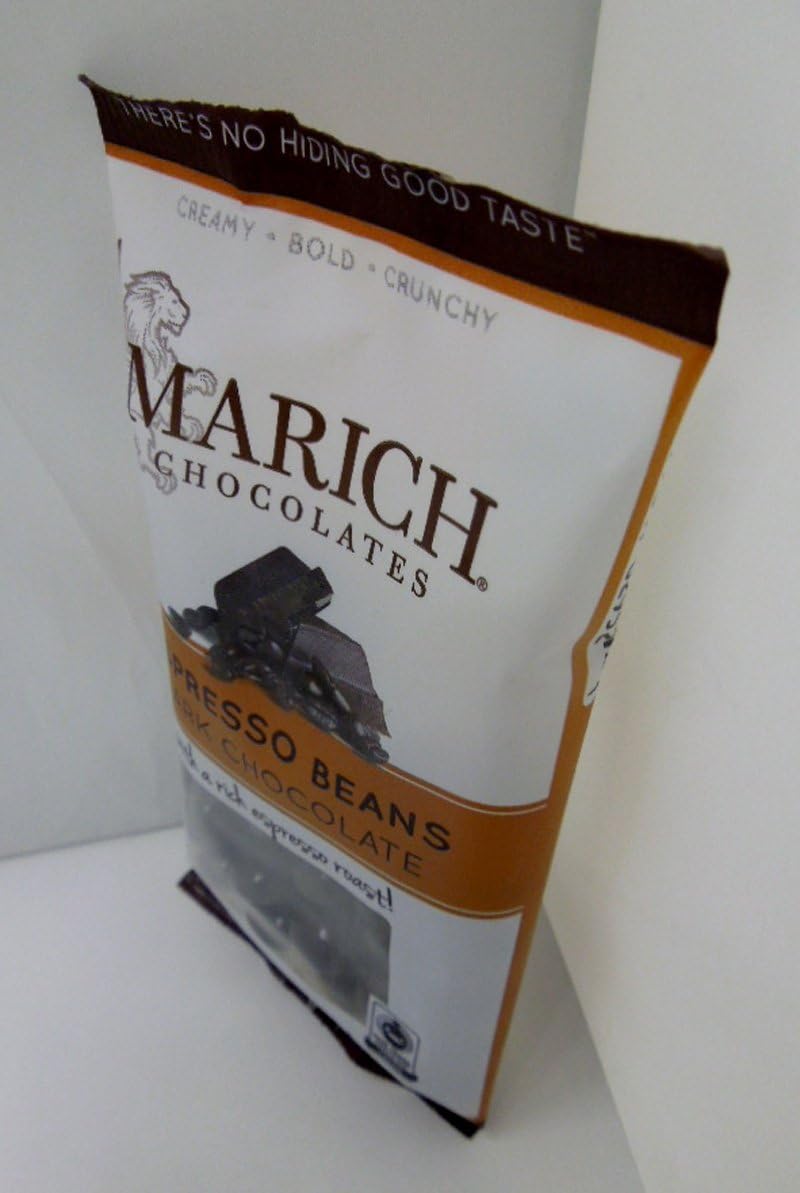 Marich confectionery dark chocolate espresso beans twelve pack case display.