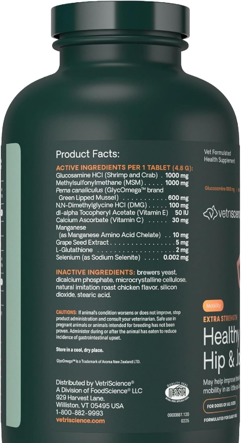 VetriScience Glycoflex 3 maximum strength chewable tablets side label showing ingredients