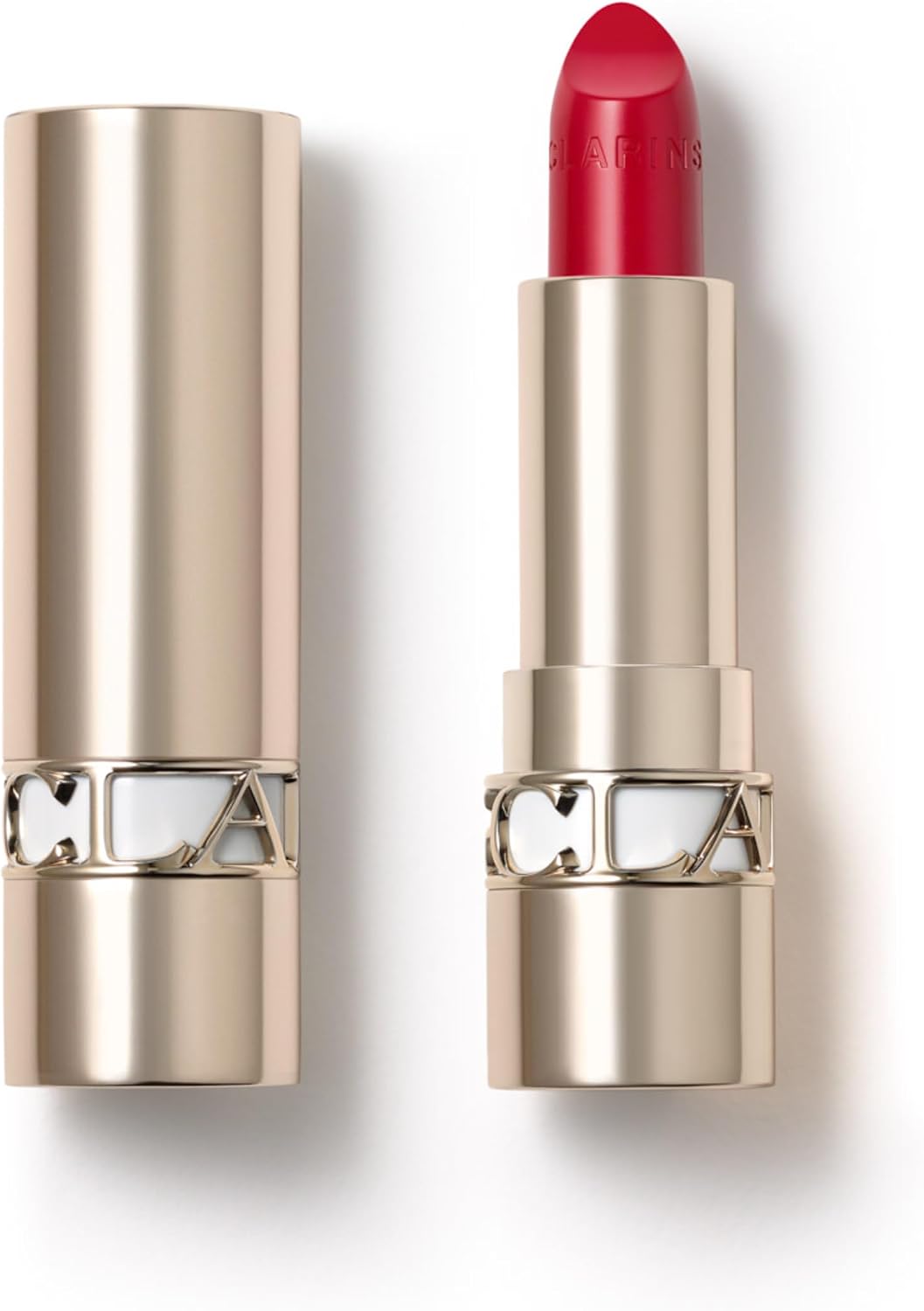 Clarins Joli Rouge Lipstick front view in metallic gold case