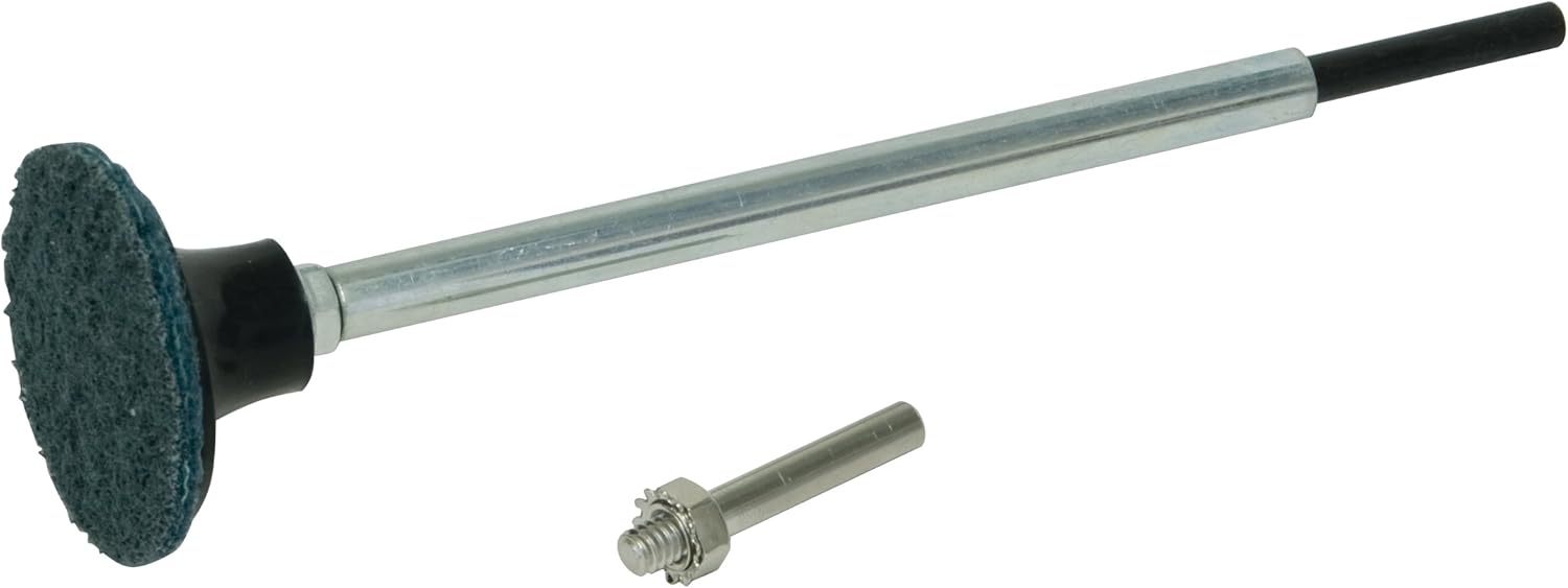 Lisle 22500 Thermostat Gasket Cleaner tool front view showing the long floating guide shaft and abrasive pad holder.