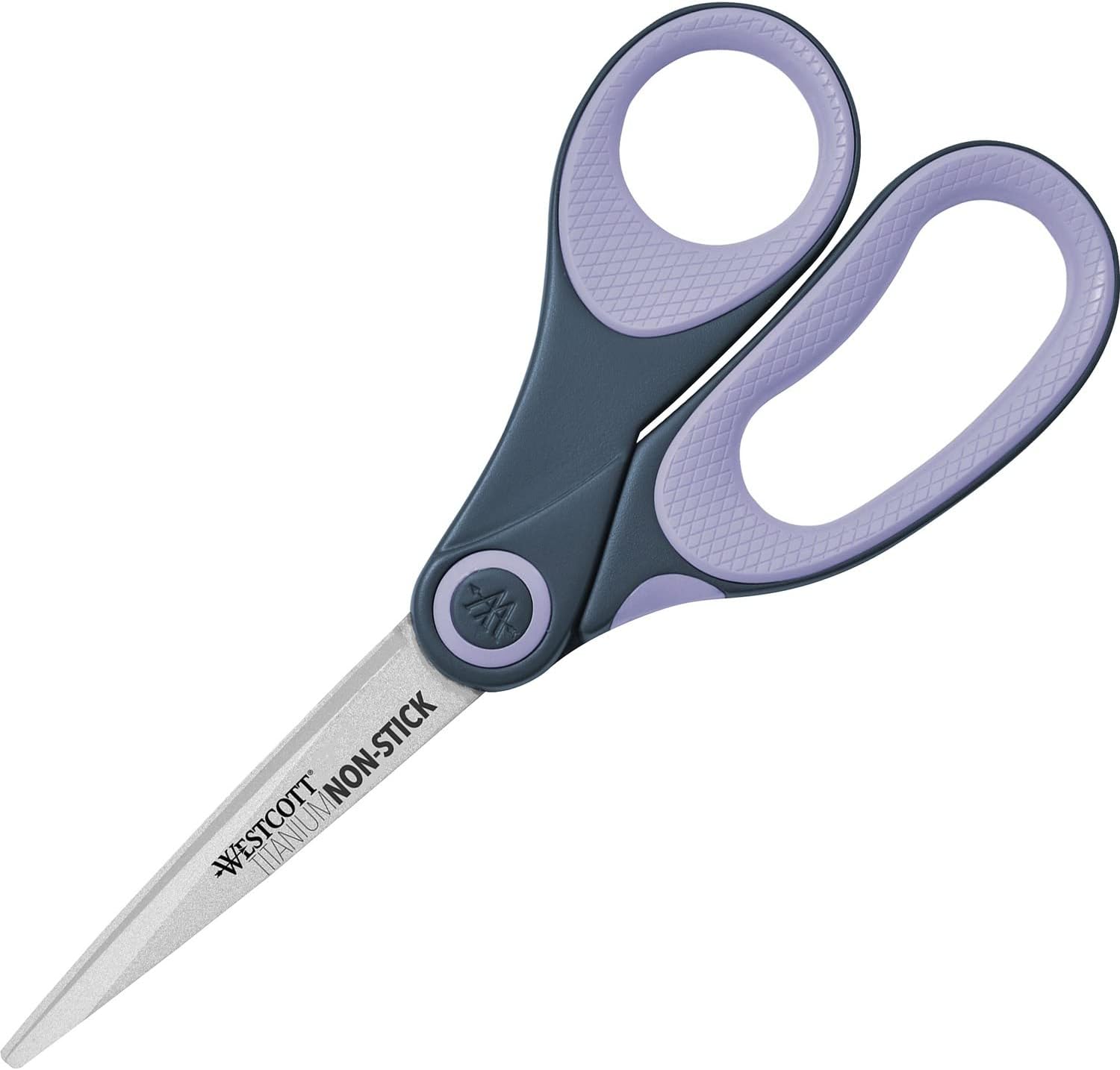 Westcott Titanium Bonded Non Stick Scissors front view of premium 8 inch craft tool with purple handle