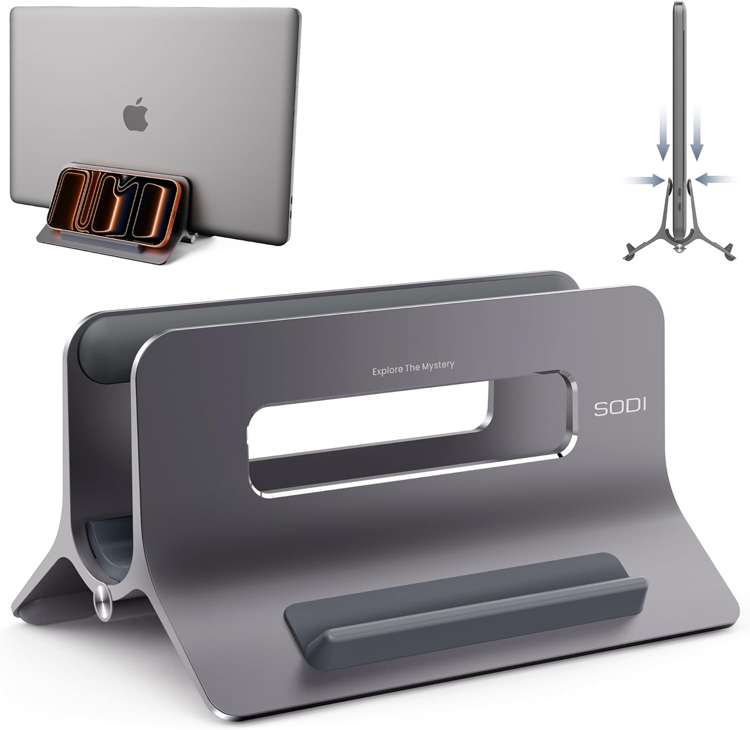 SODI vertical laptop stand gray front view on an organized desk setup