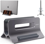 SODI vertical laptop stand gray front view on an organized desk setup