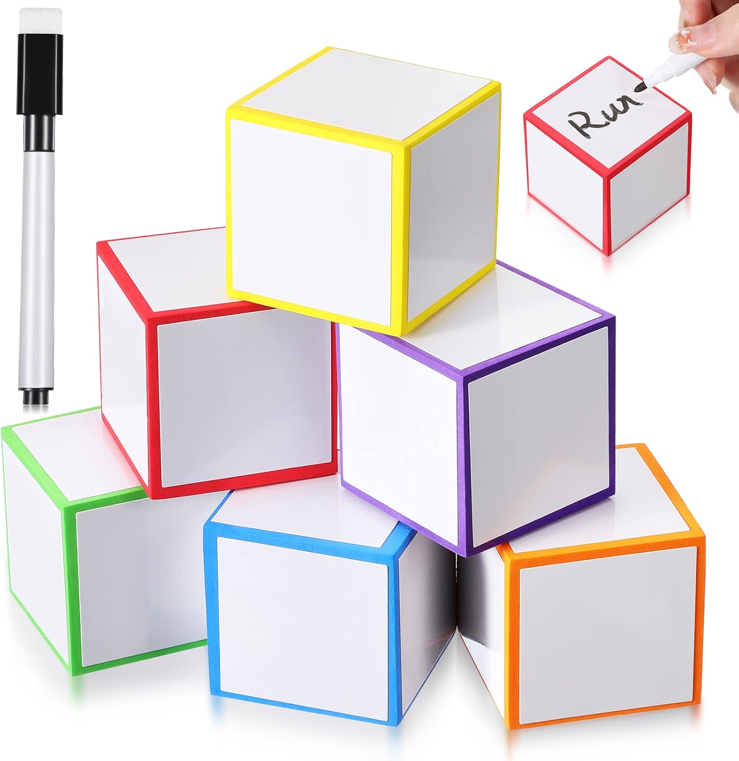 Charniol 7 piece dry erase blocks front view showcasing six colorful foam dice and a black marker for classroom games.