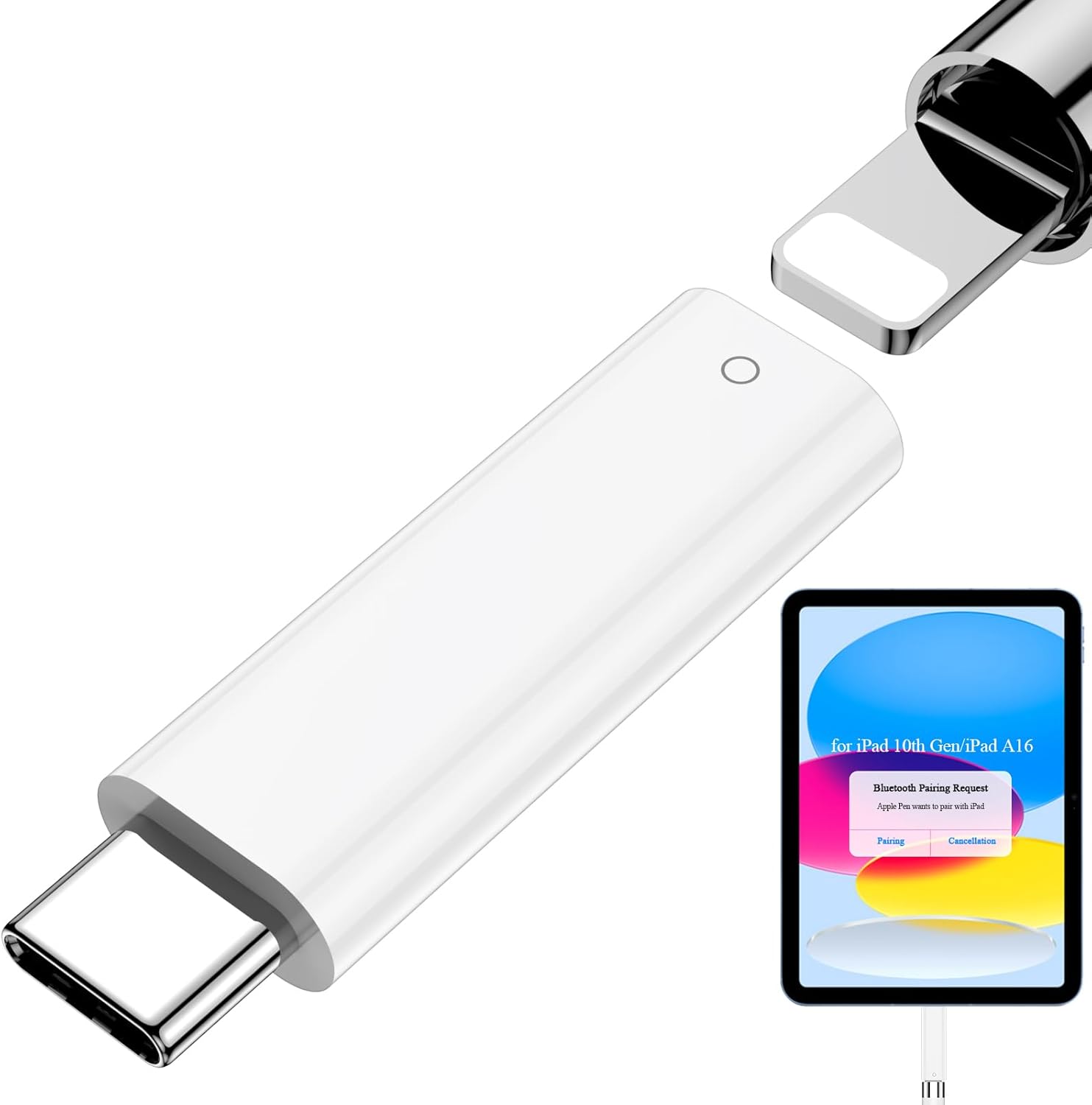 ACANDYA Apple Pencil adapter showing the front view of the white USB-C to Lightning connector converter.