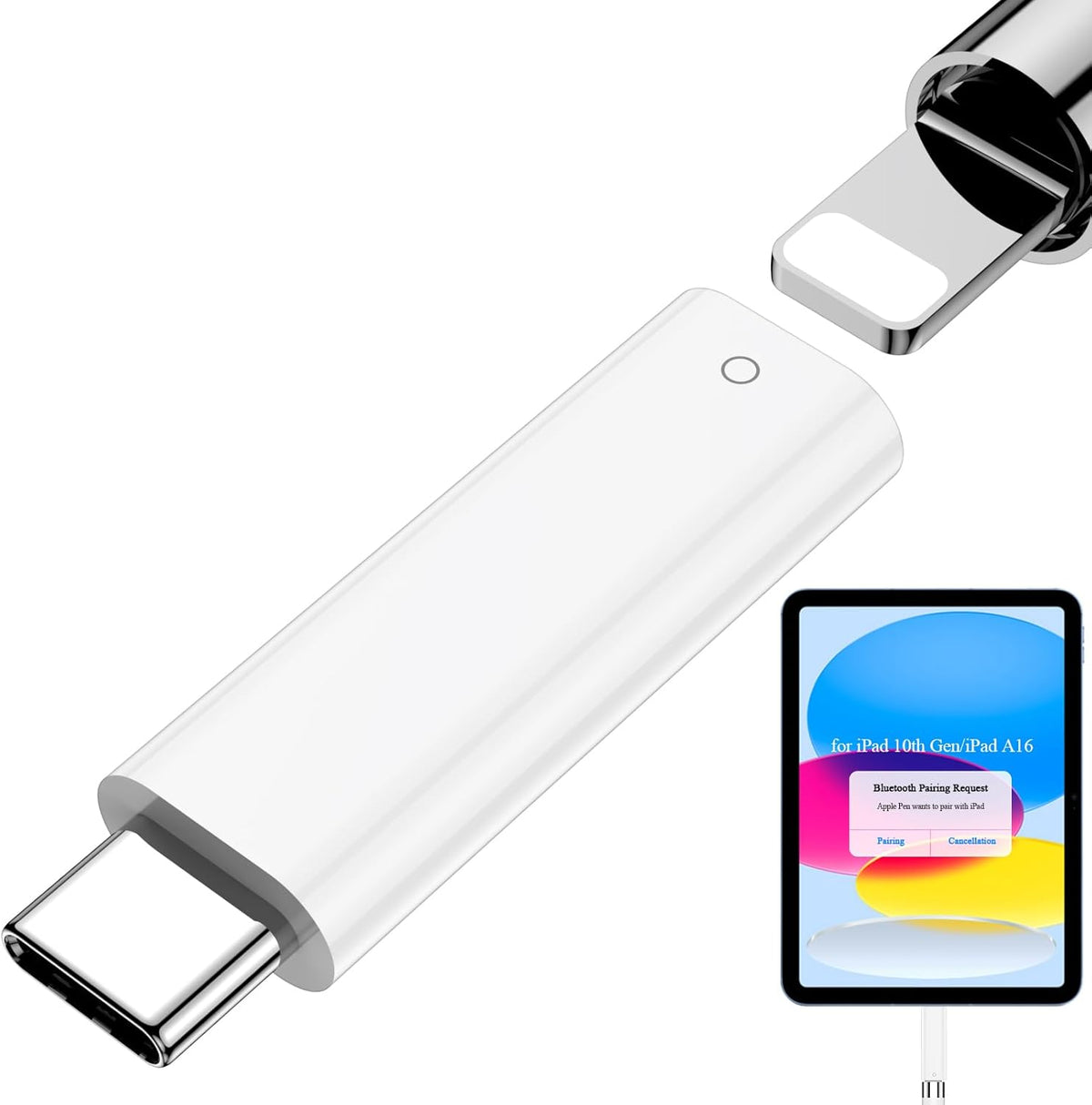 ACANDYA Apple Pencil adapter showing the front view of the white USB-C to Lightning connector converter.