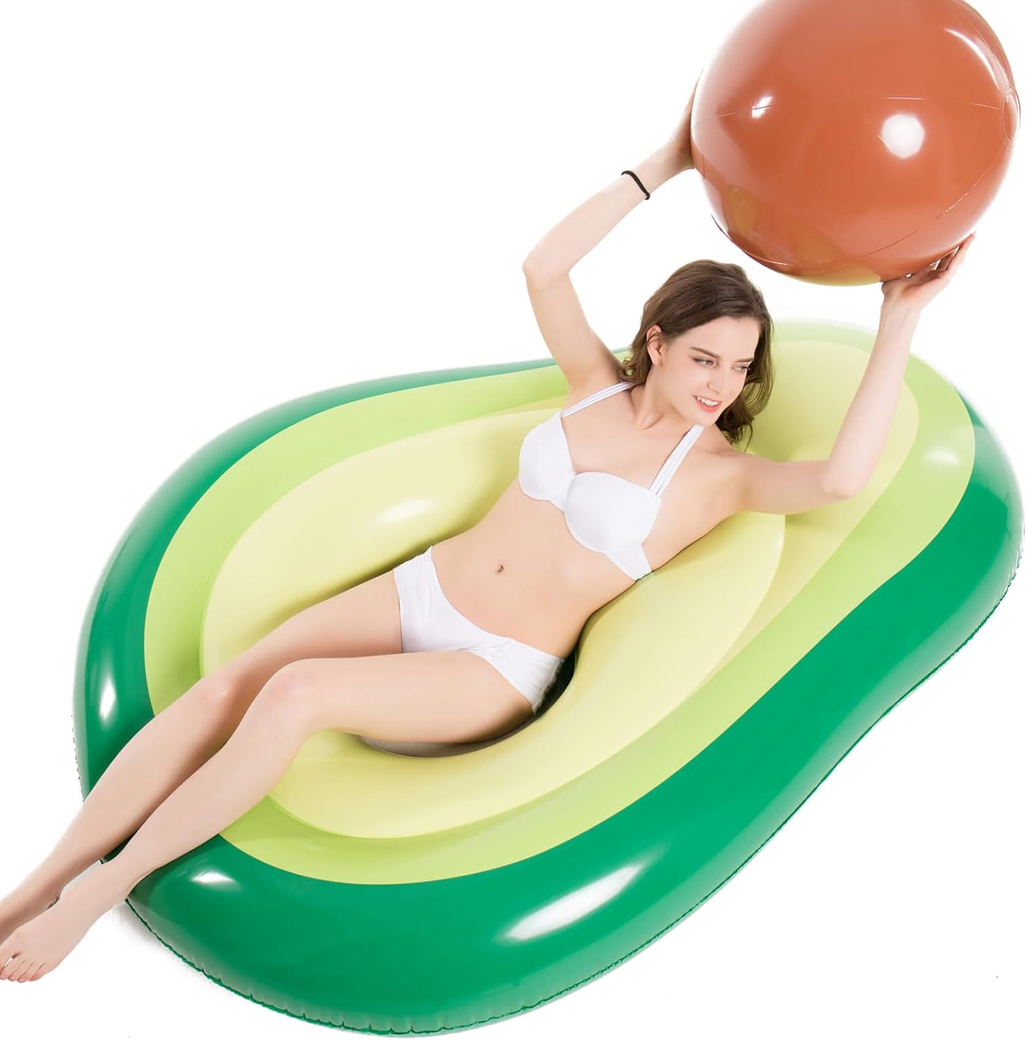 Jasonwell Inflatable Avocado Pool Float front view showcasing the vibrant green fruit design and central brown ball.