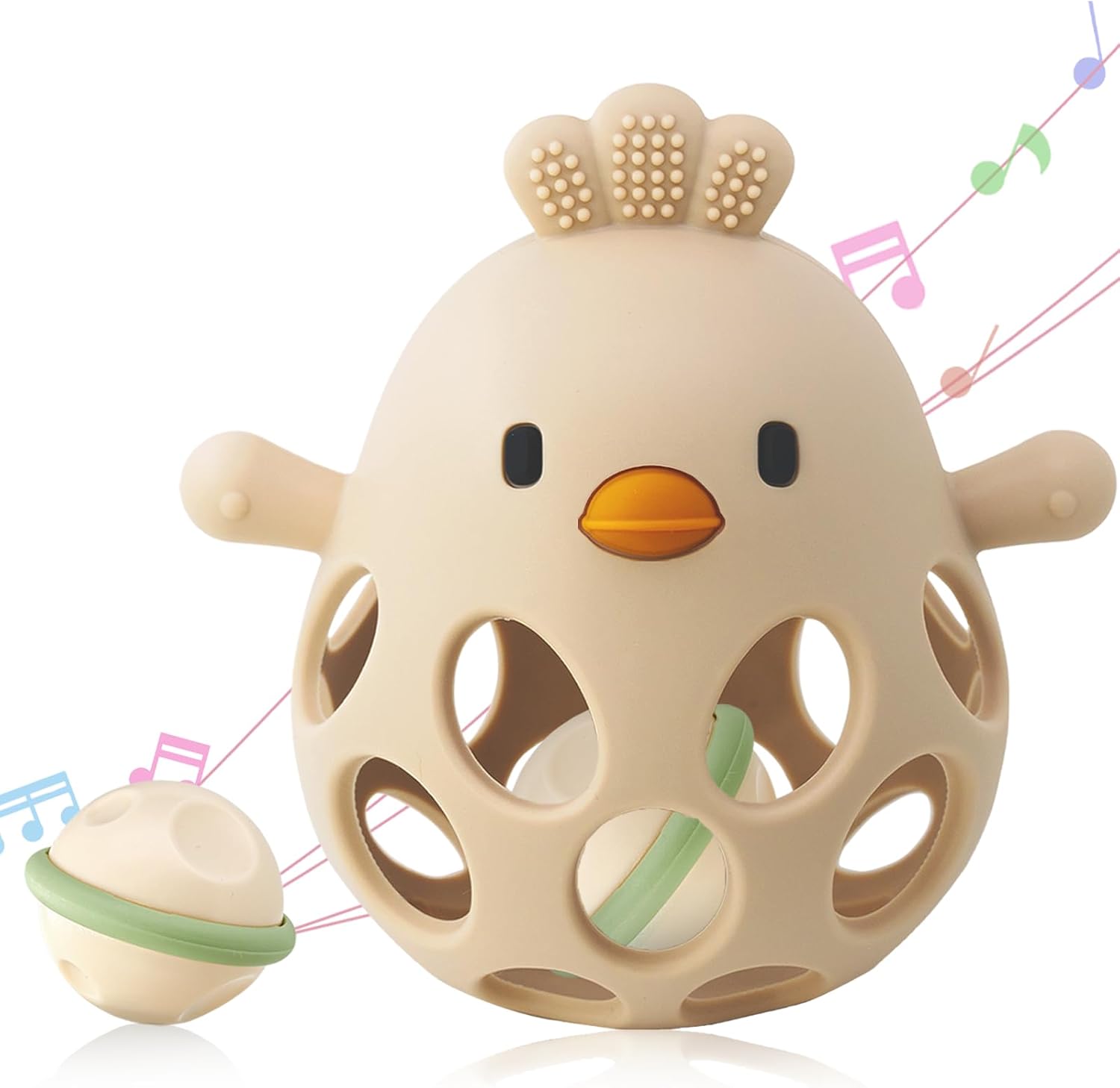 ChooKaChoo 2-in-1 baby teething rattle toy front view in beige food-grade silicone