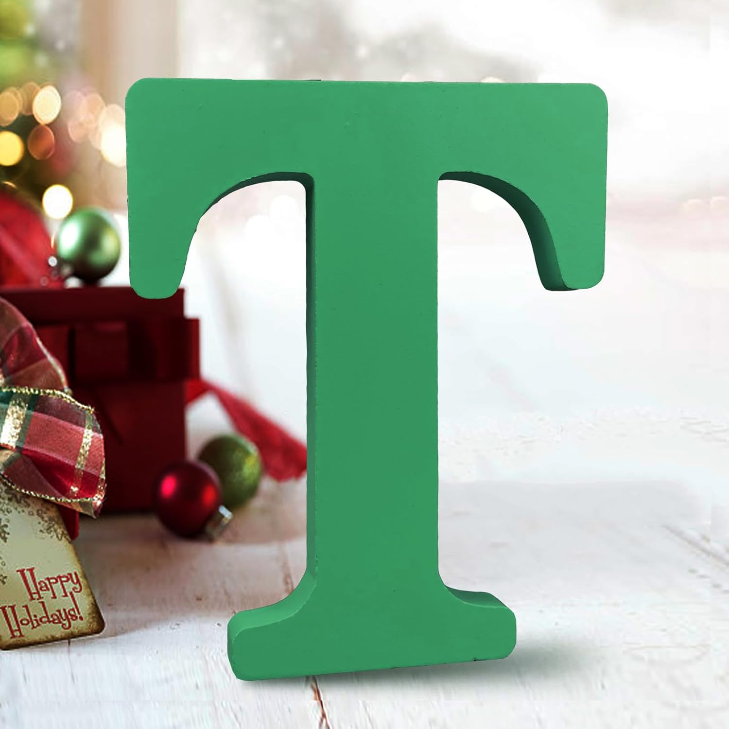 AOCEAN 6 Inch Green Wood Letter T front view standing decoration