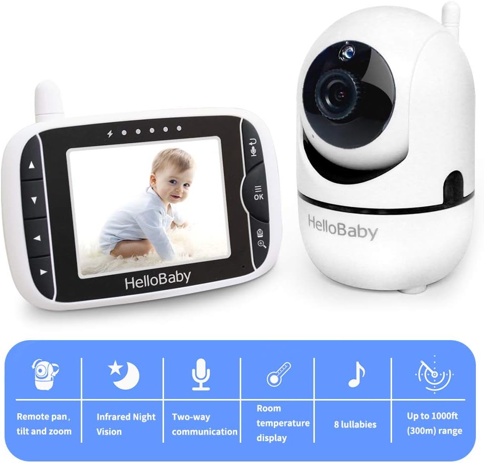 HelloBaby baby monitor handheld screen displaying nursery video feed
