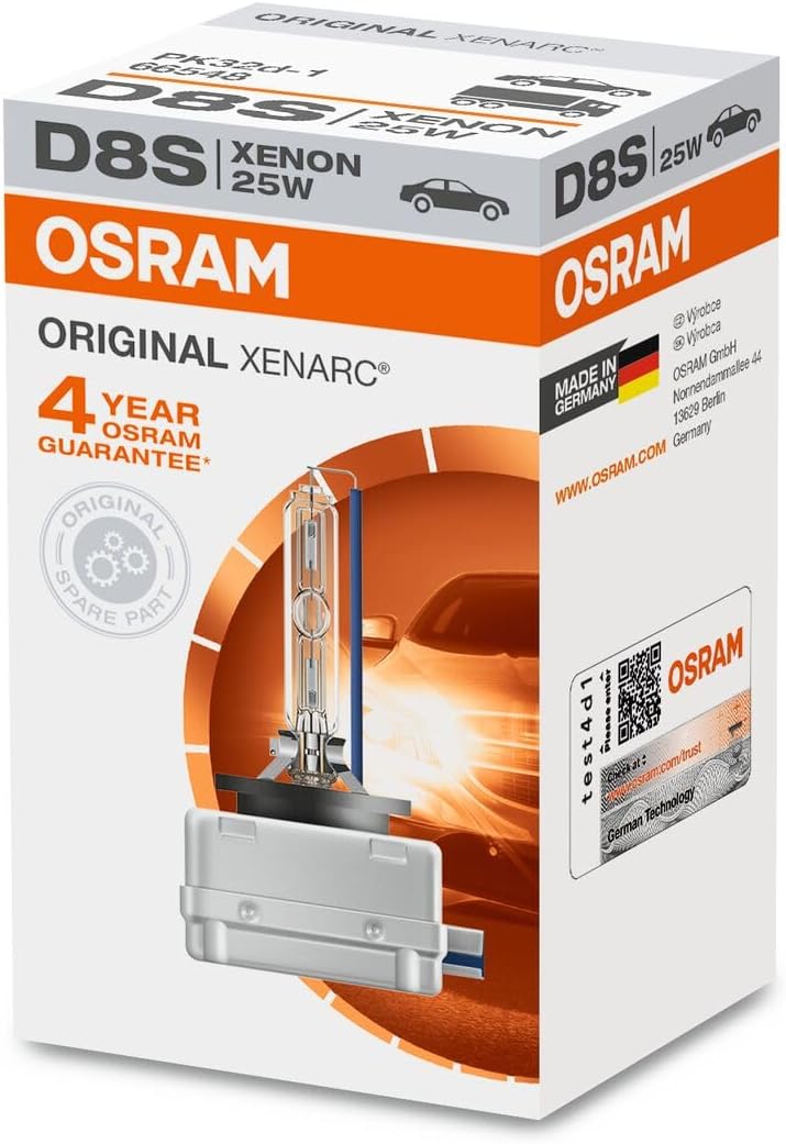 Osram D8S Xenarc Original 66548 Xenon Headlight Bulb front view showing the genuine quartz glass burner and integrated metal starter base.