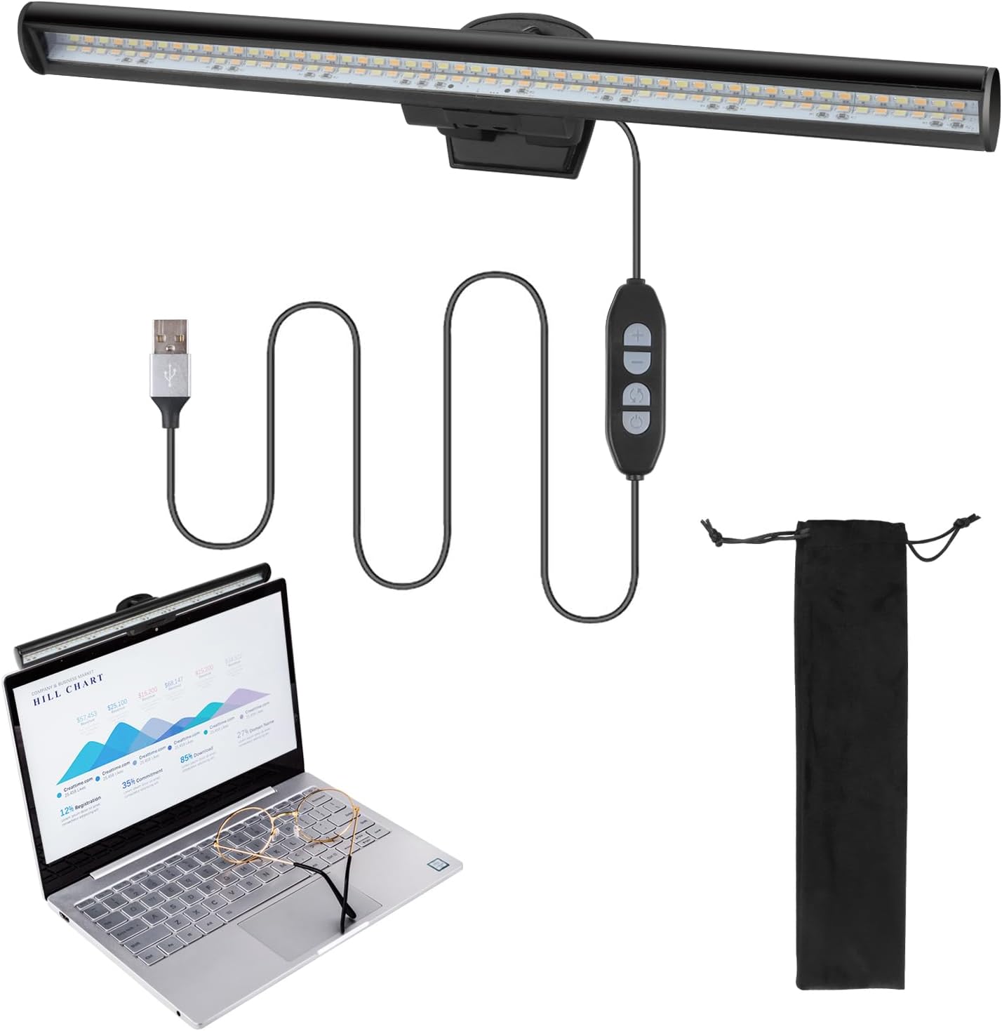 VIGIND laptop monitor light bar front view showing the sleek black clip-on screen lamp attached to a computer display