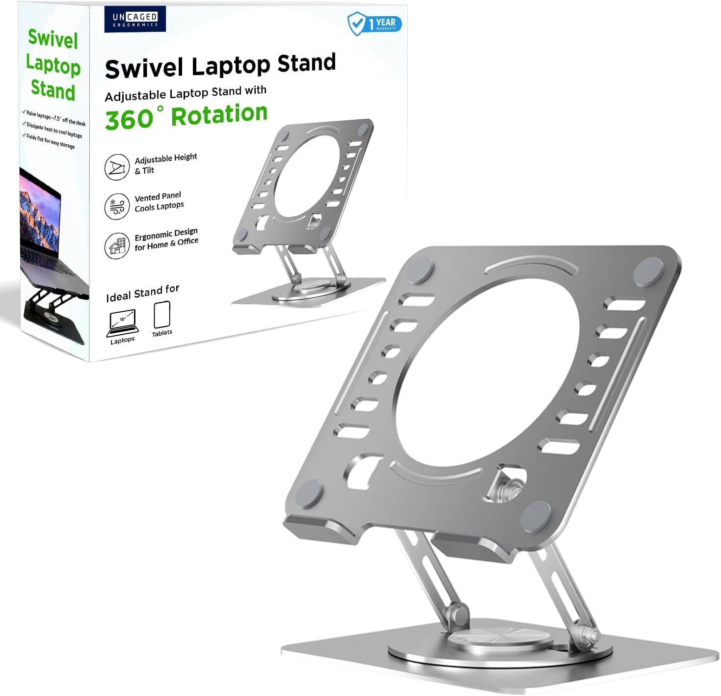 Uncaged Ergonomics Swivel Laptop Stand premium silver front view on office desk