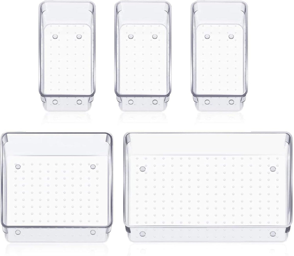 Onomie acrylic drawer organizer front view of the 5-piece storage bin set.
