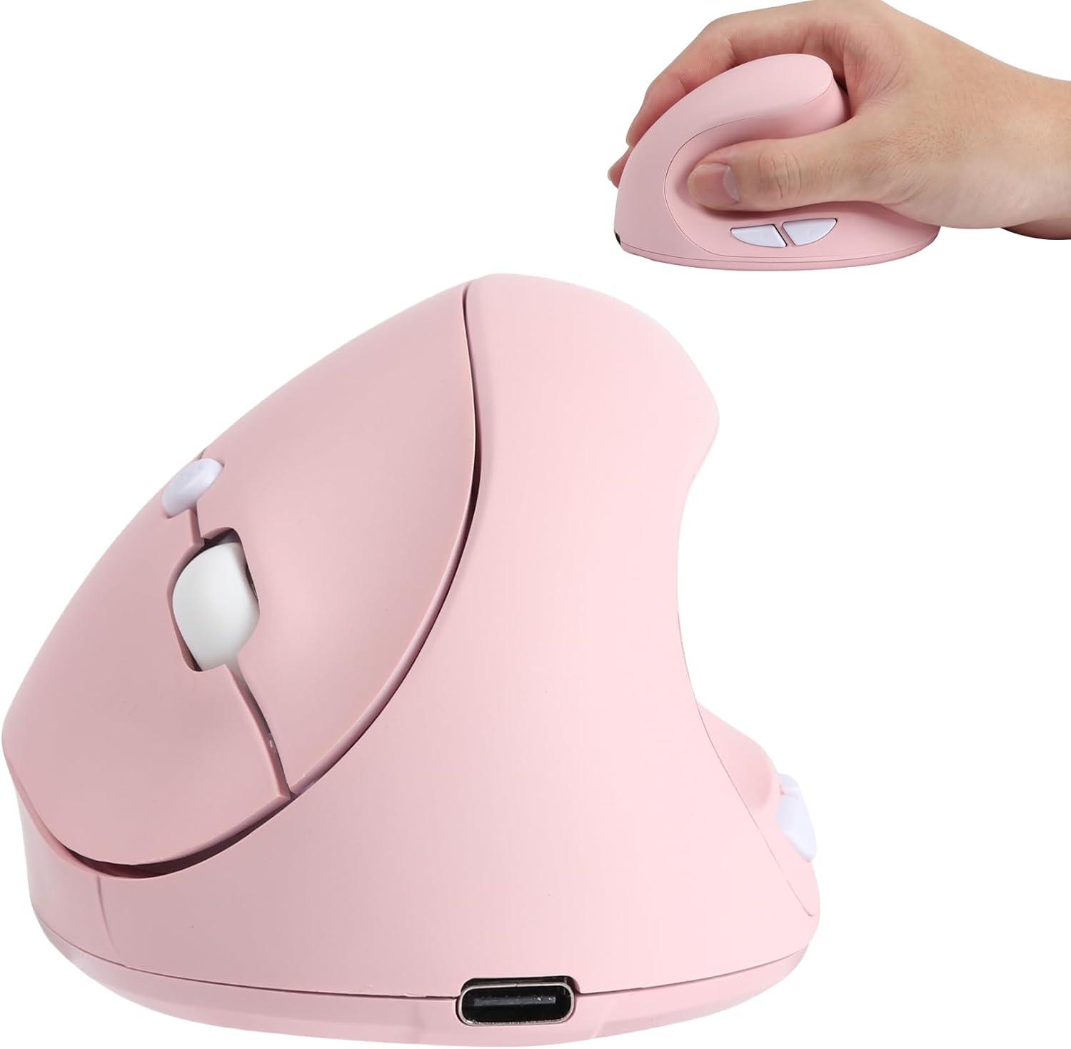 Share Sunshine wireless vertical ergonomic pink mouse front view showcasing the upright handshake design profile.