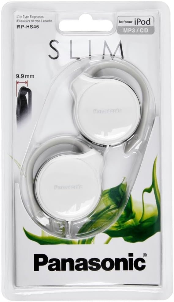 Panasonic RP-HS46E-W slim headphones front view white clip on earphones