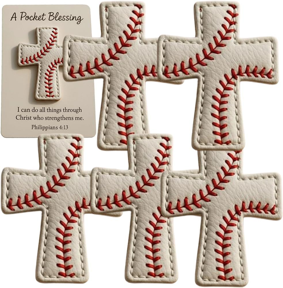 Generic pocket blessing baseball cross front view showcasing white faux leather and red stitching