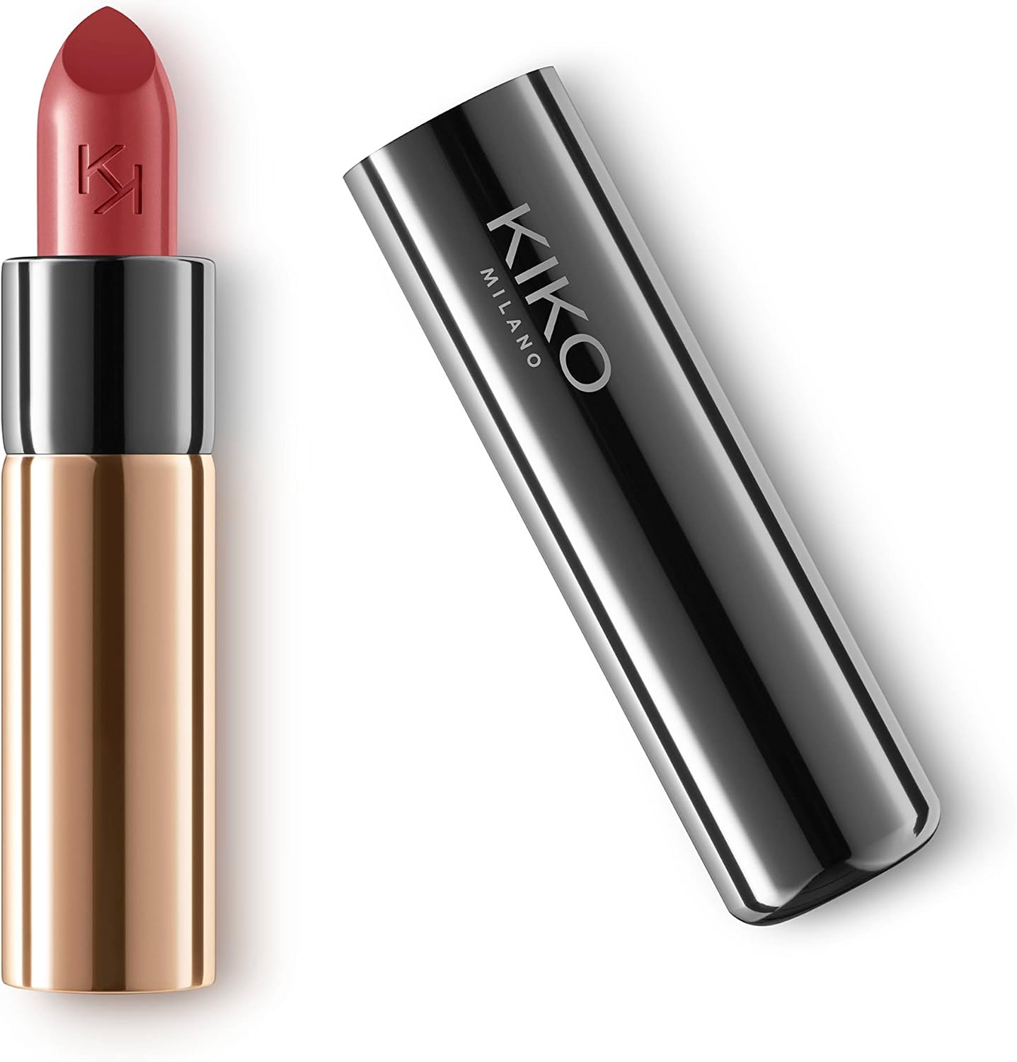Kiko Milano Gossamer Emotion Creamy Lipstick front view showcasing sleek gunmetal packaging.