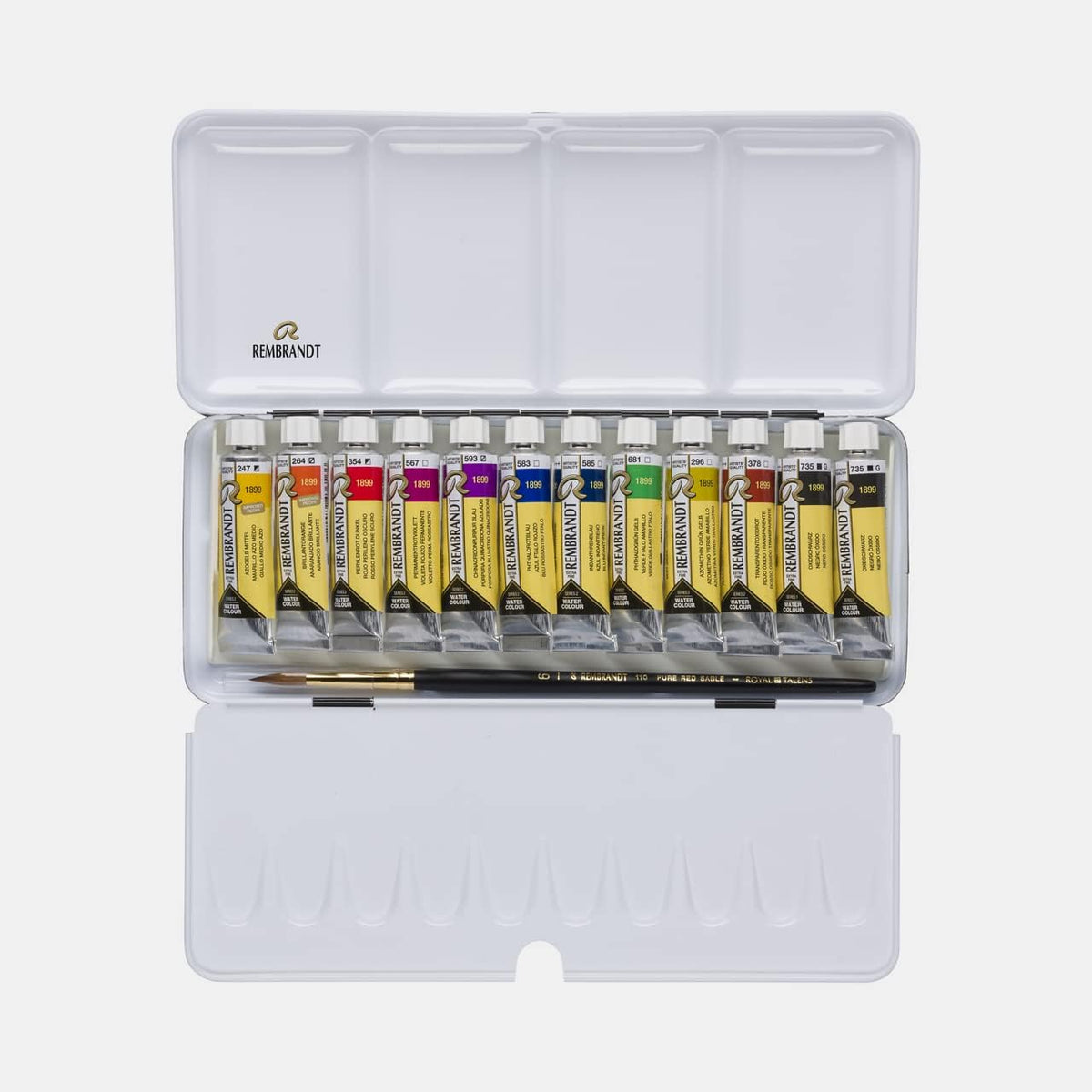 Rembrandt watercolor tubes and metal tin box layout
