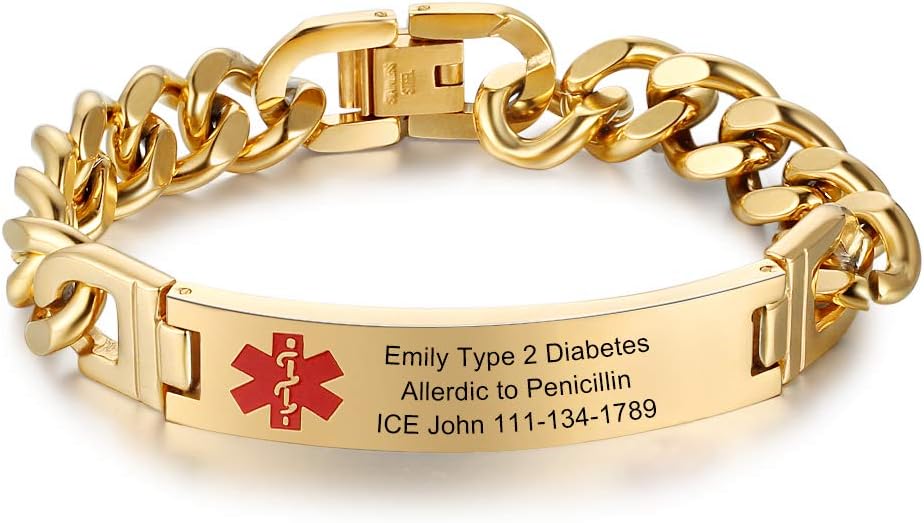 Custom Medical Alert Bracelet Engraved Emergency ID Stainless Steel Bracelets for Adults Men Women 7.5-8.5-9.8 Inch - Image 1