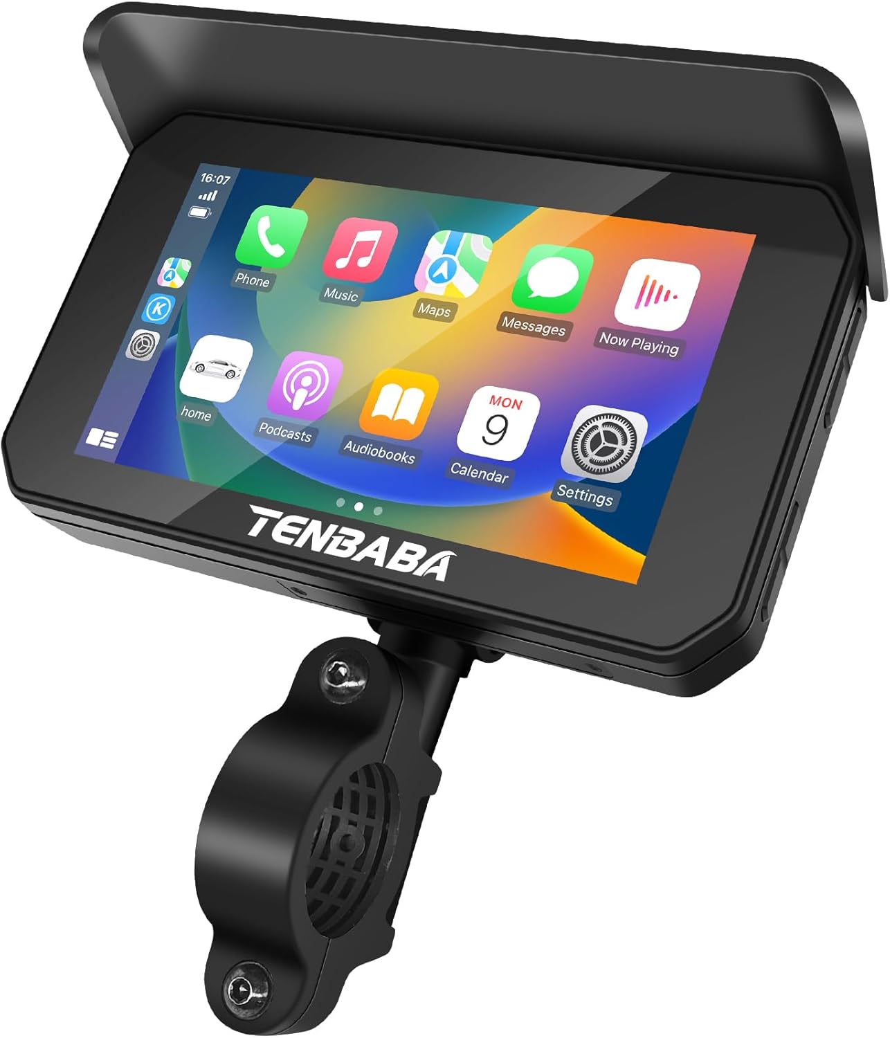 Tenbaba motorcycle carplay screen front view mounted on handlebars showing GPS navigation map.