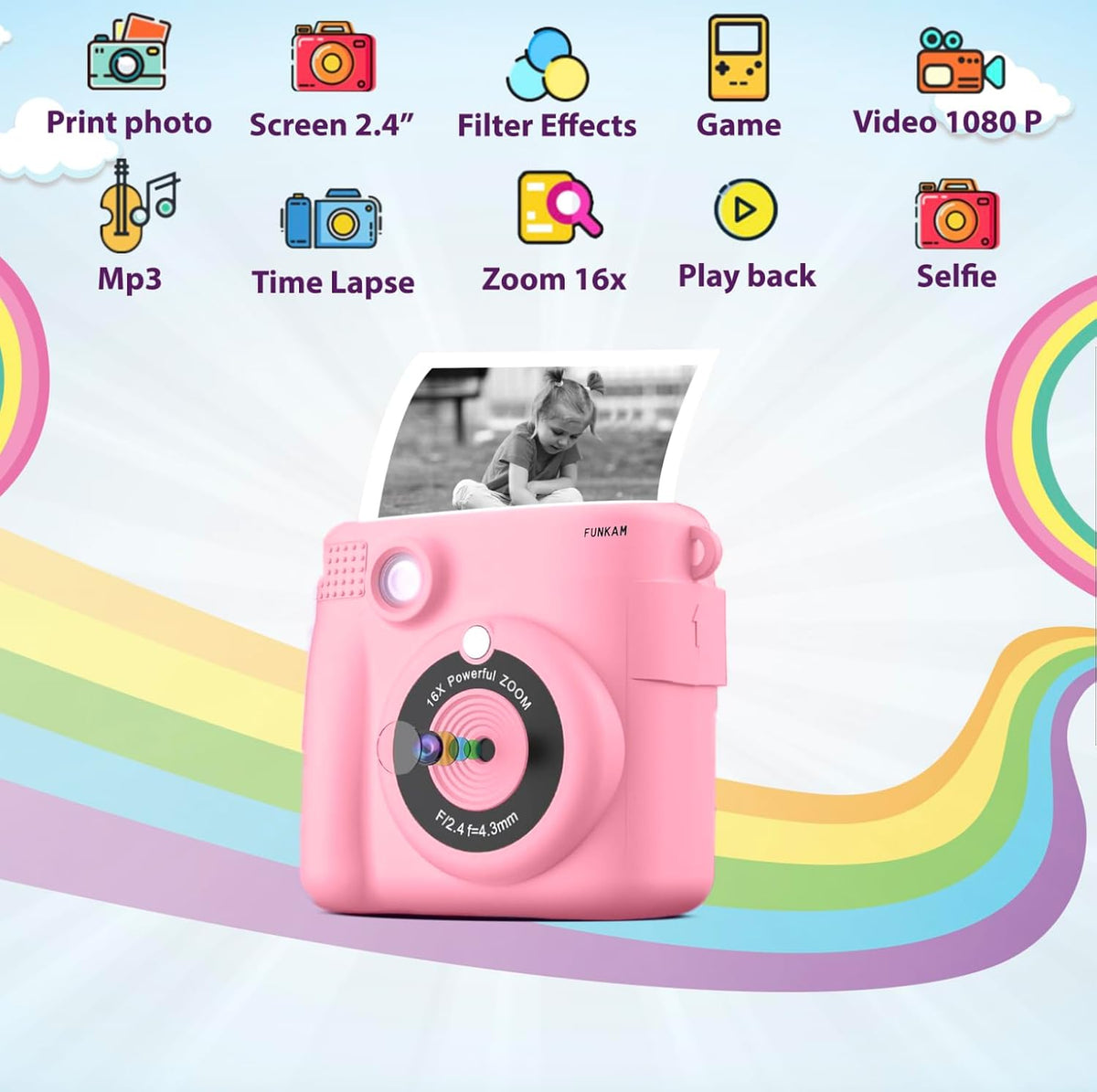 Funkam kids camera showing 2.4 inch HD screen display