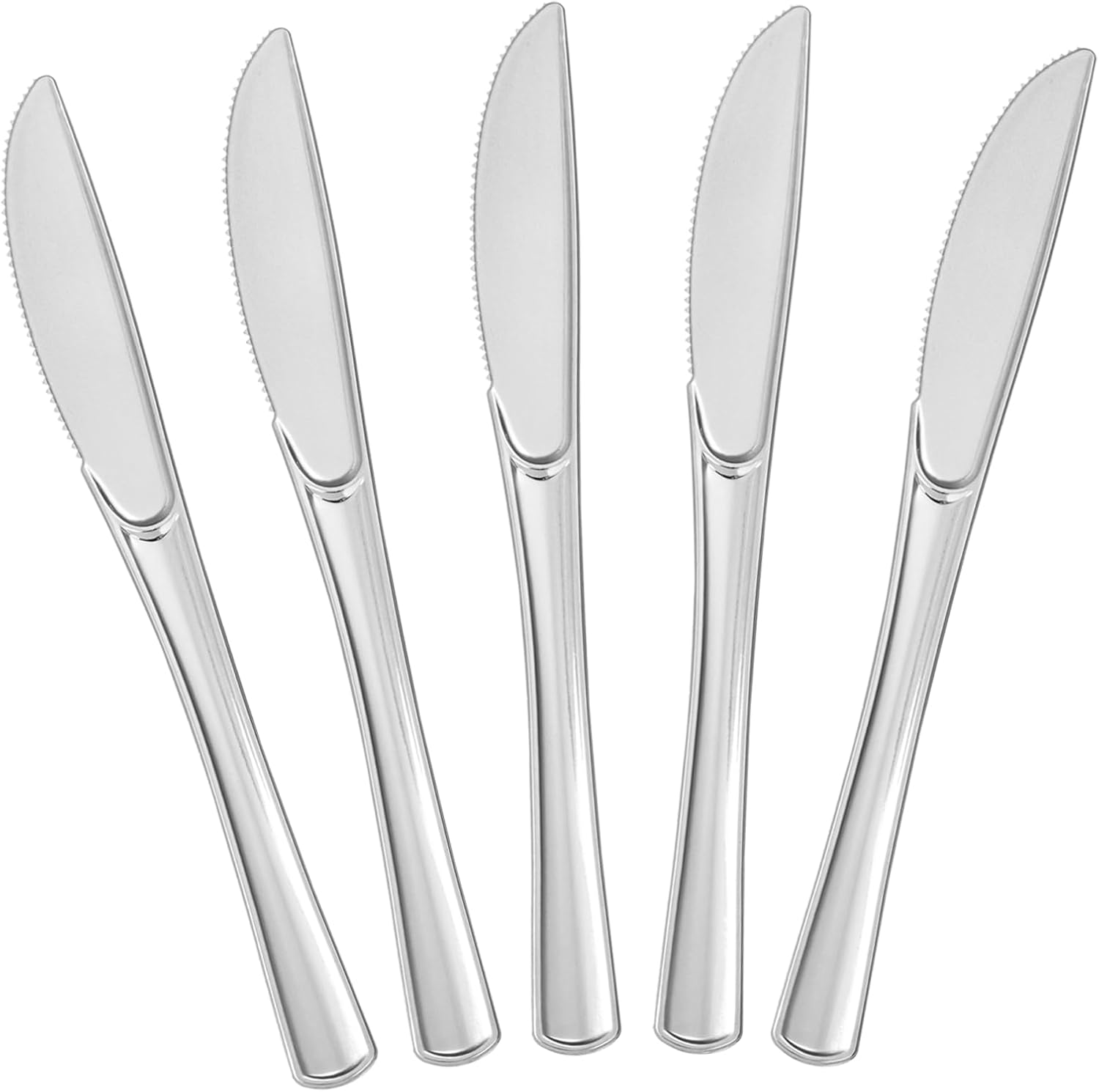 Exquisite BESTVIP silver plastic knives 100 count pack front view showcasing premium metallic finish