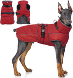 QBLEEV warm dog jacket front view showing red water resistant nylon outer shell on a golden retriever.