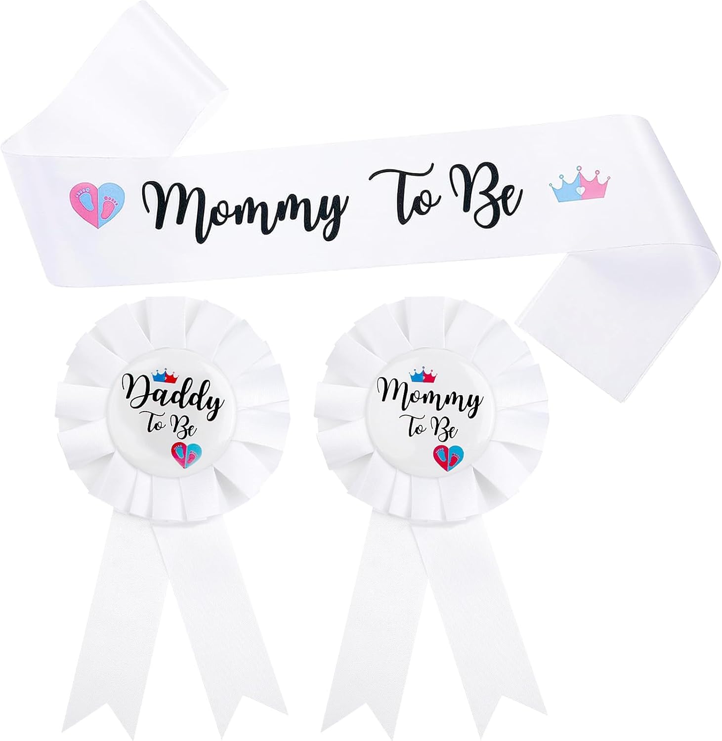 Paticarry three piece mommy and daddy to be baby shower badges pins set front view