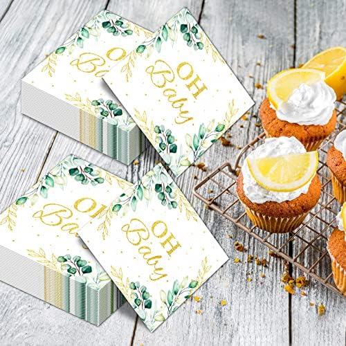 Elegant gender neutral baby shower table decorations featuring the folded five by five inch eucalyptus napkins.