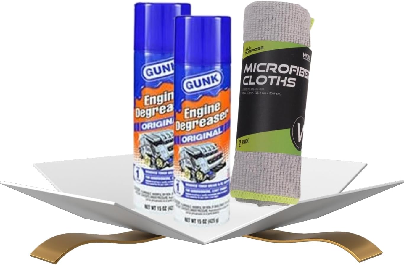 Gunk Engine Brite No Scent Cleaner and Degreaser front view of two aerosol cans with microfiber cloth