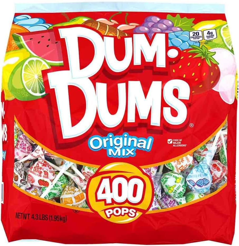Dum Dums Original Mix 400 Count Bag front view showing assorted lollipop flavors.