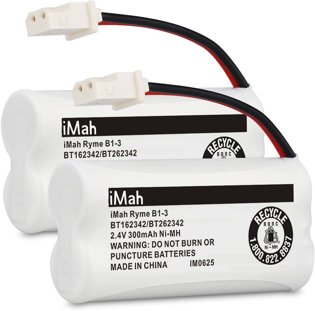 iMah BT162342 cordless phone battery pack front view showcasing the wire connector plug.