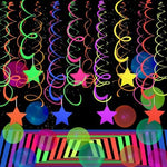 Fifty six piece paper neon streamers and star garlands suspended from a ceiling