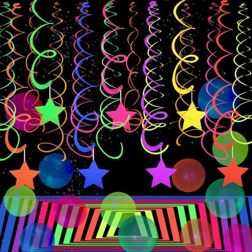 Fifty six piece paper neon streamers and star garlands suspended from a ceiling