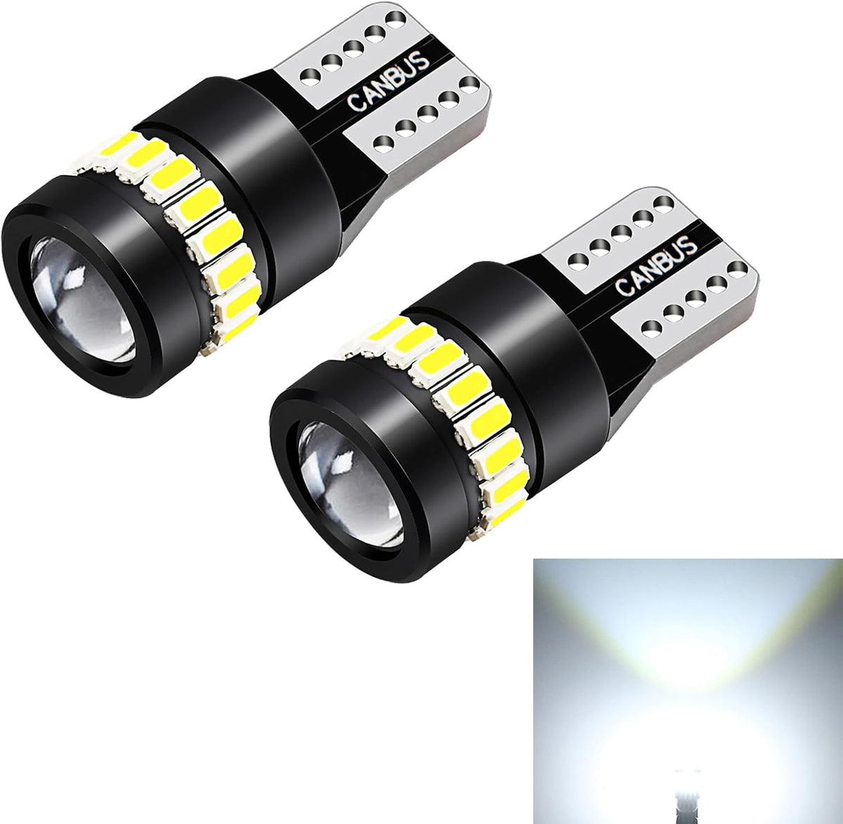 ZKFAR T10 LED bulbs front view showcasing the advanced chipset design for automotive lighting.