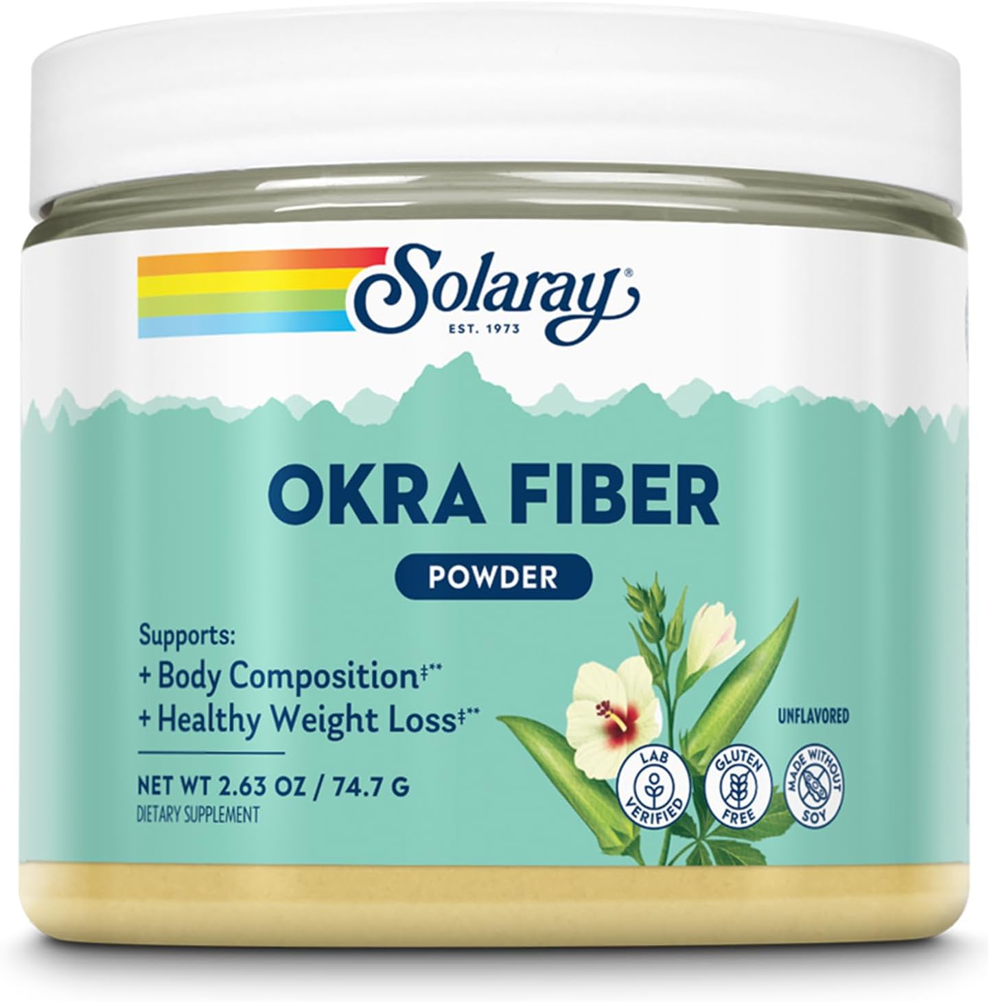 SOLARAY Okra Fiber Powder - Digestion Supplement - Supports Body Composition and Healthy Digestion - Helps Reduce Fat and Calorie Absorption - Unflavored, Gluten Free, Vegan - 30 Servings, 2.63oz - Image 1