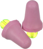 3M No-Touch foam earplugs front view showing purple bell-shaped tips and yellow stems