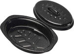Vankutl roasting pan front view showing oval shape and handles.