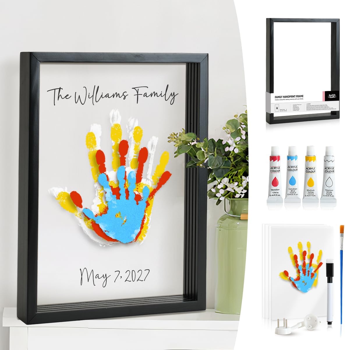 Kaciola Family Handprint Kit front view showing black wooden frame with layered colorful handprints