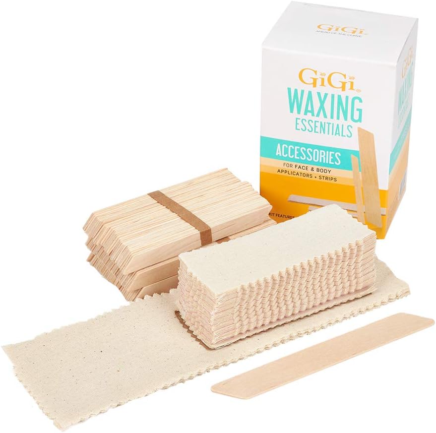 GIGI Wax Essentials kit front view featuring professional wooden applicators and fabric muslin strips