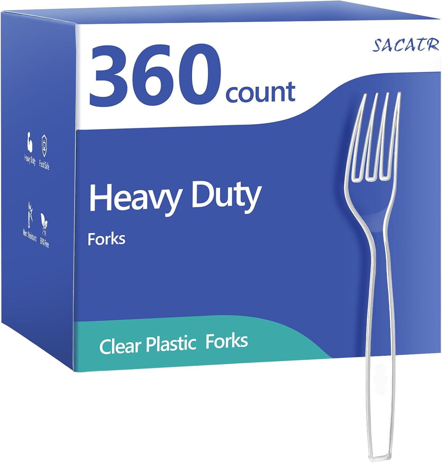 Munfix SACATR heavy duty clear plastic forks front packaging view showcasing bulk disposable silverware set