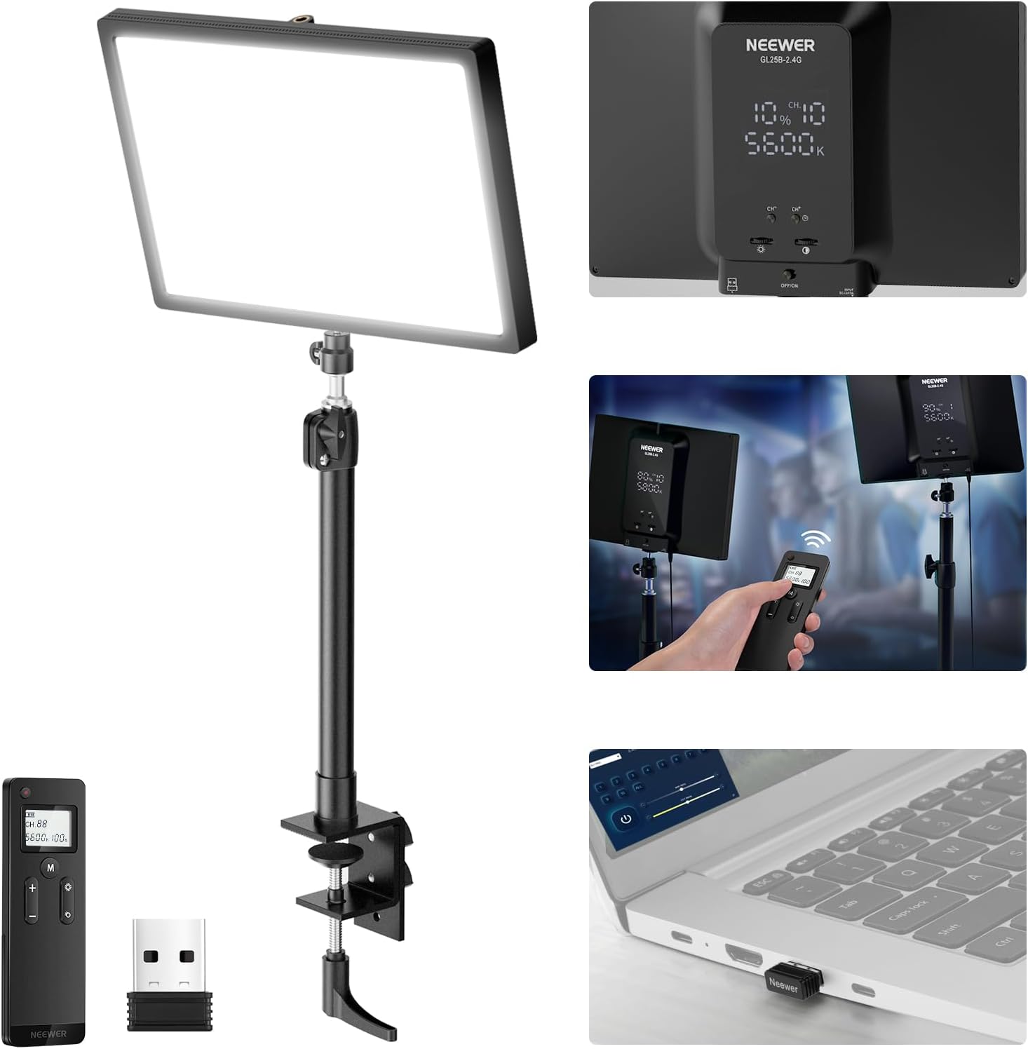 Neewer 25W streaming key light front view on desk stand