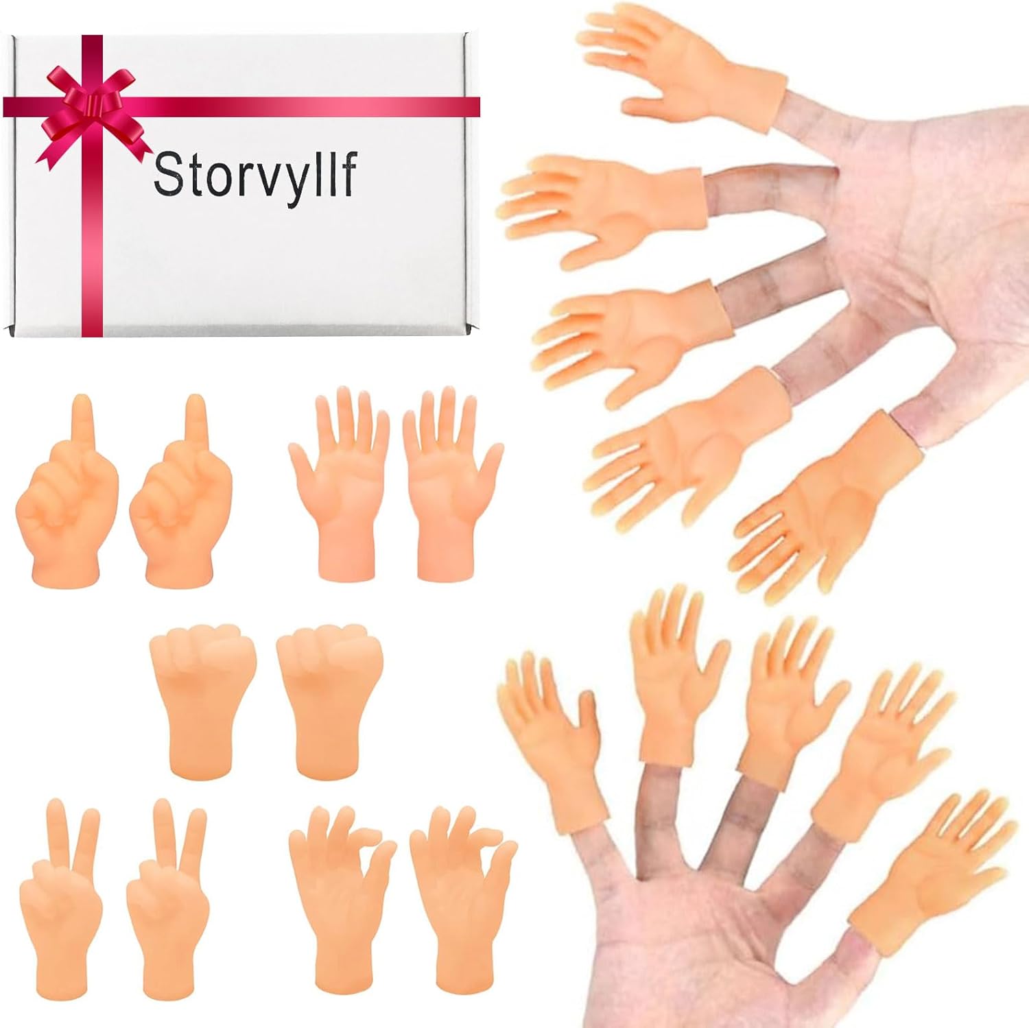 Storvyllf Tiny Hands miniature finger puppets front view displaying multiple realistic hand gestures.