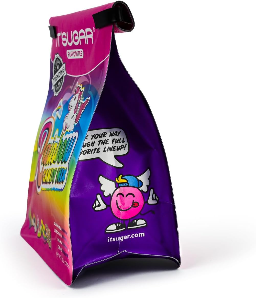 Top view of the opened ten ounce IT'SUGAR Flavorites Rainbow Candy Mix bag showcasing variety.